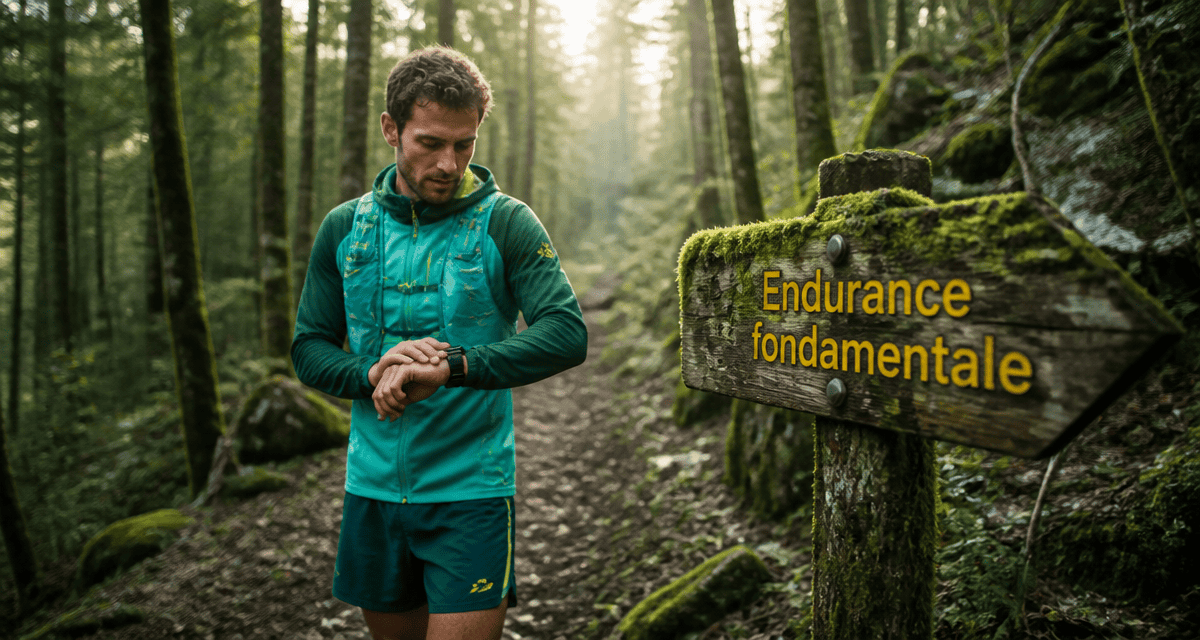 coureur vérifie frequence cardiaque endurance fondamentale en foret