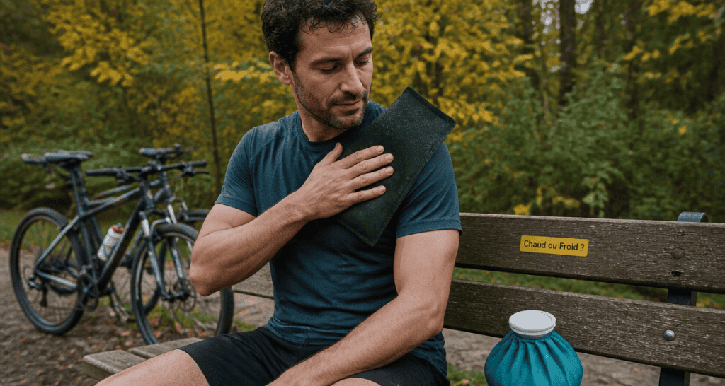 froid ou chaud sur contracture, sportif applique bouillotte épaule