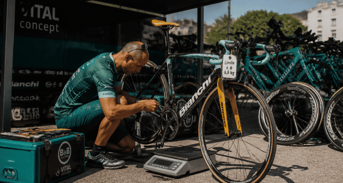 poids vélo tour de france mécanicien balance