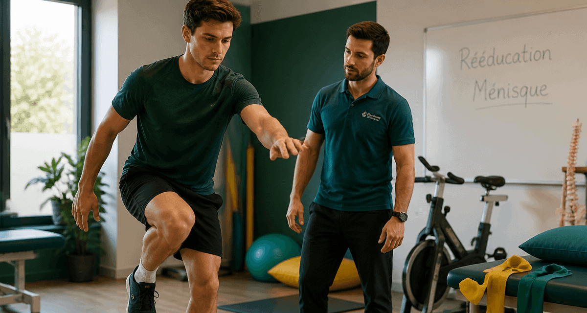 Rééducation ménisque non opéré jeune homme exercice