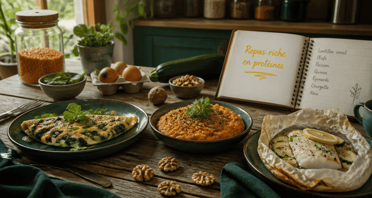 repas riche en proteine assiettes variées sur table