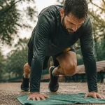 50 burpees par jour avant apres : homme en burpees dans un parc