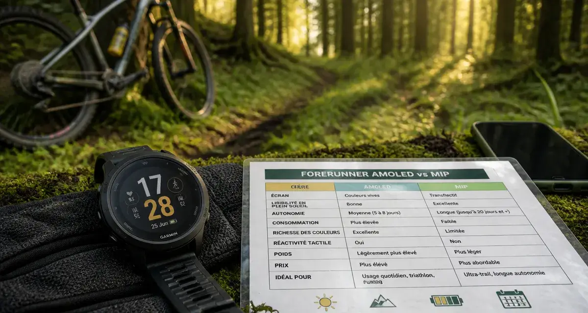 comparatif garmin forerunner AMOLED vs MIP sur montre GPS