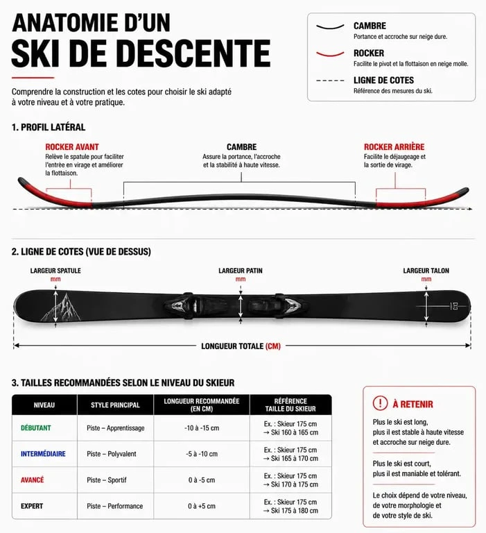 Infographie explicative sur le choix et l'anatomie des skis de descente