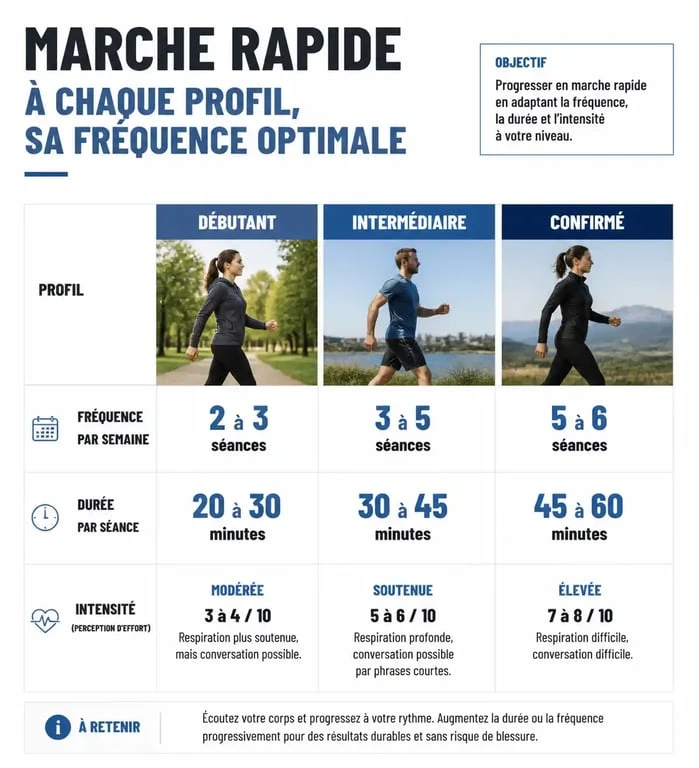 Tableau comparatif de la fréquence de marche rapide par semaine selon le niveau de pratique