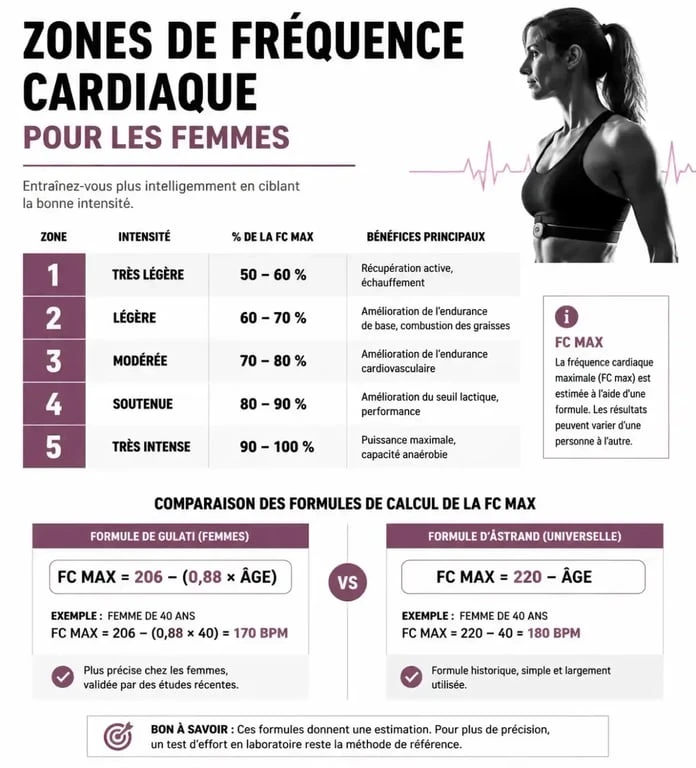 Infographie sur le calcul de la fréquence cardiaque maximale pour femme et zones d'entraînement