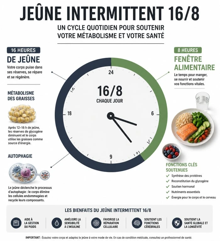 Schéma explicatif du fonctionnement du jeûne intermittent 16/8 et ses effets sur le métabolisme et l'autophagie