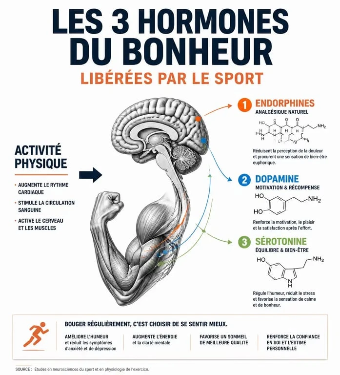 Infographie sur les hormones du bonheur et le sport : endorphines, dopamine et sérotonine