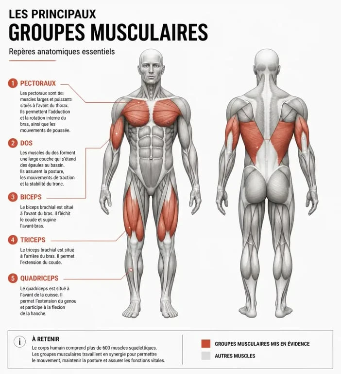 Schéma anatomique des principaux groupes musculaires du corps humain pour le sport