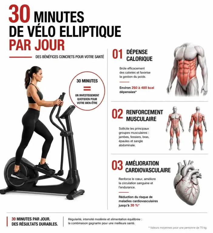 Infographie des bénéfices de 30 minutes de vélo elliptique par jour pour la perte de poids et la santé