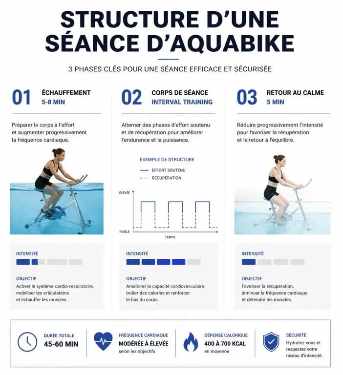 Infographie illustrant la structure d'une séance d'aquabike efficace pour la remise en forme