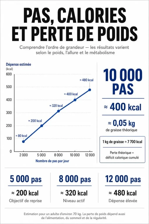 Infographie montrant le nombre de pas nécessaires pour perdre 1kg de graisse corporelle
