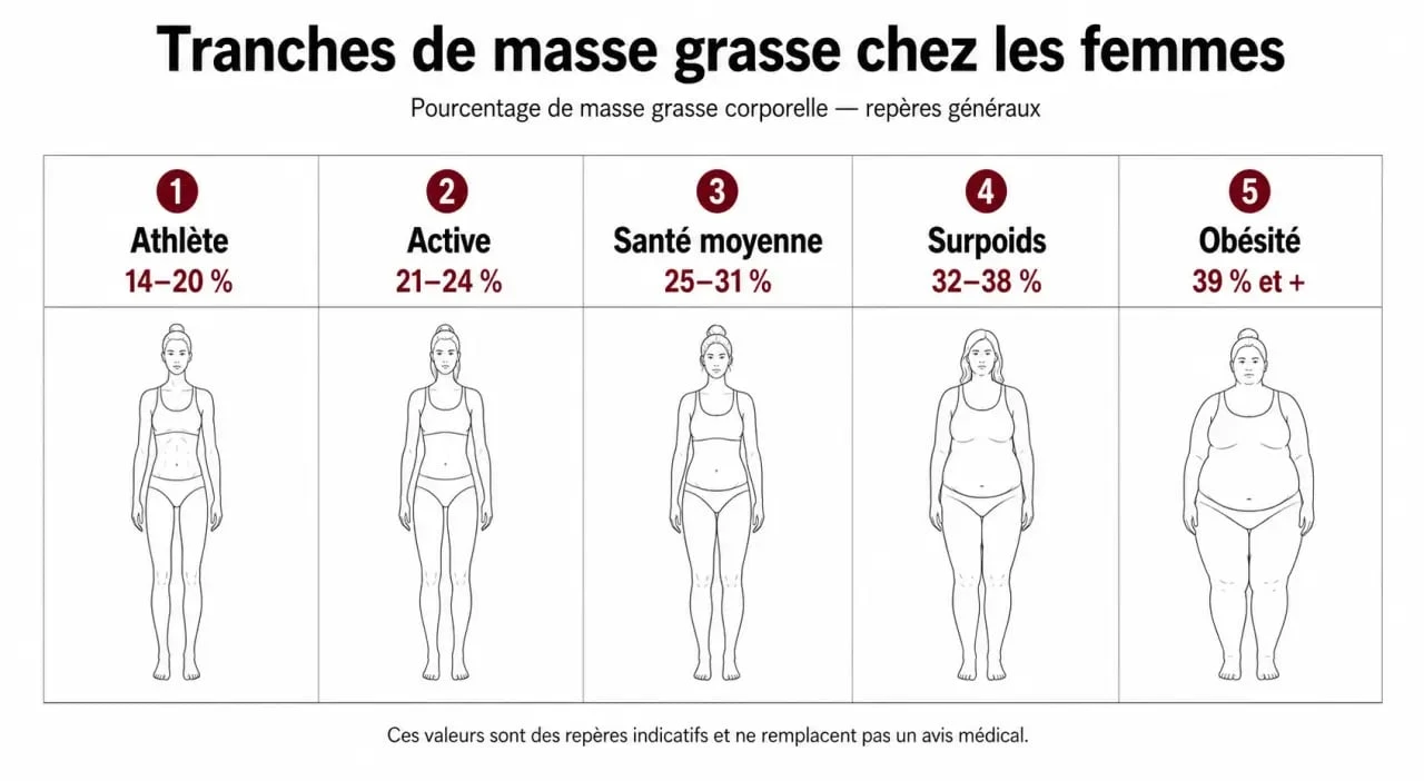 Tableau des taux de masse grasse pour femme en kg et pourcentage selon le profil santé