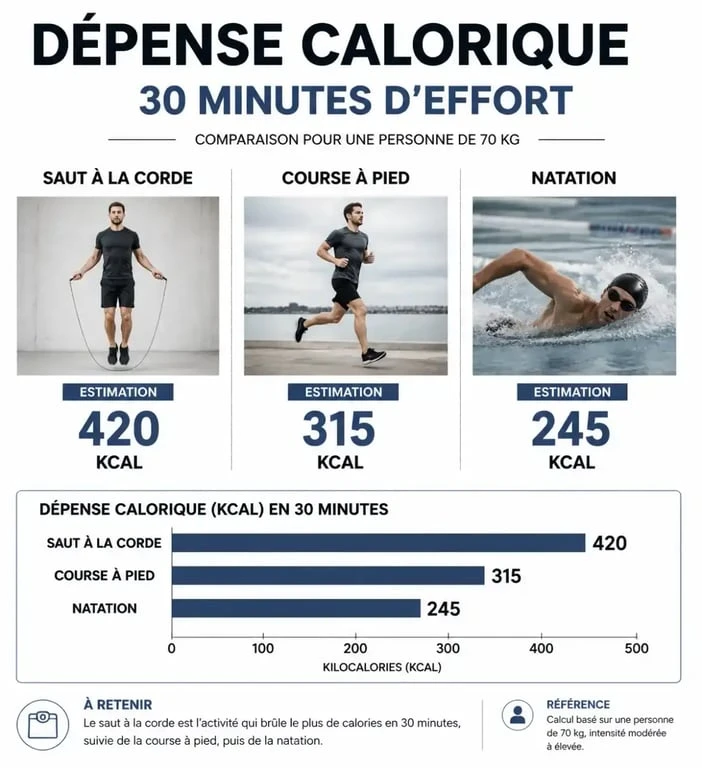 Comparatif des calories brûlées : saut à la corde vs course à pied et natation