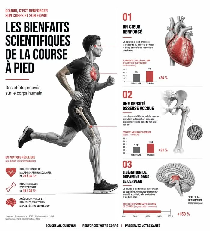 Infographie des bienfaits de la course à pied sur la santé physique et mentale