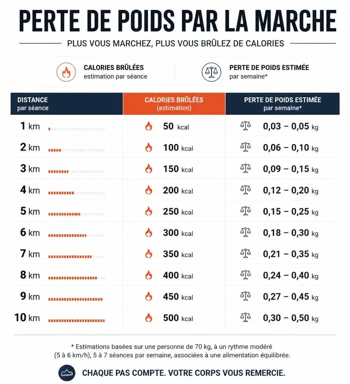 Infographie sur la perte de poids et la marche : combien de km par jour pour maigrir efficacement