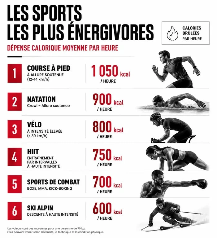Infographie comparative des sports qui brûlent le plus de calories par heure