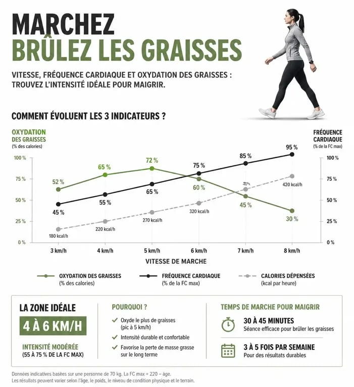 Infographie sur la marche pour maigrir : corrélation entre vitesse, fréquence cardiaque et perte de poids