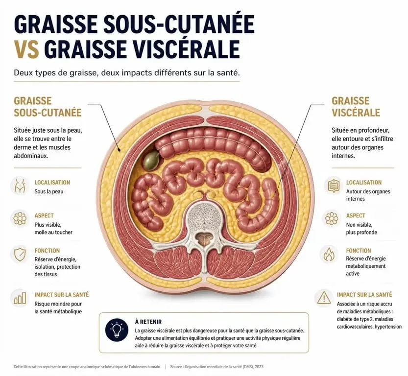 Schéma anatomique illustrant la différence entre la graisse sous-cutanée et la graisse viscérale pour mieux comprendre comment perdre la graisse viscerale.