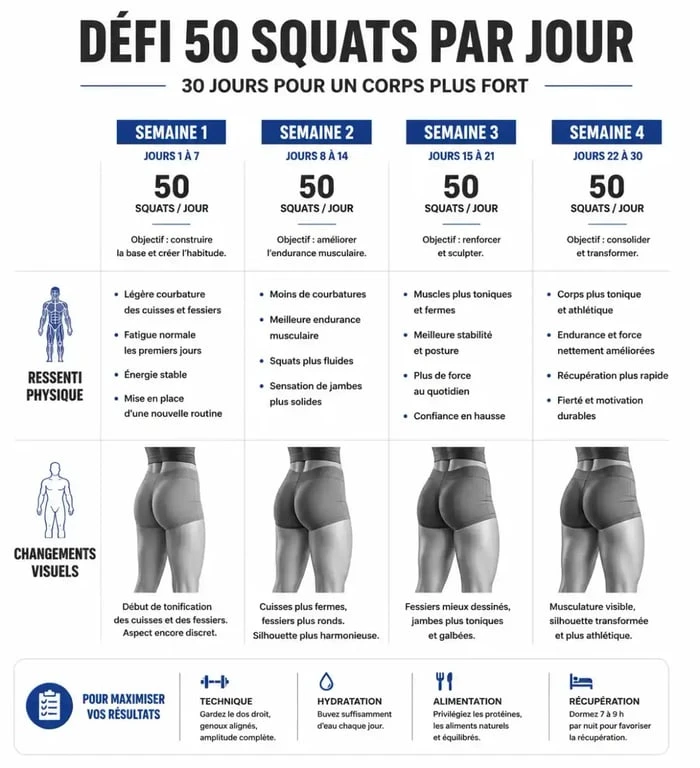 Infographie de progression 50 squats par jour avant apres