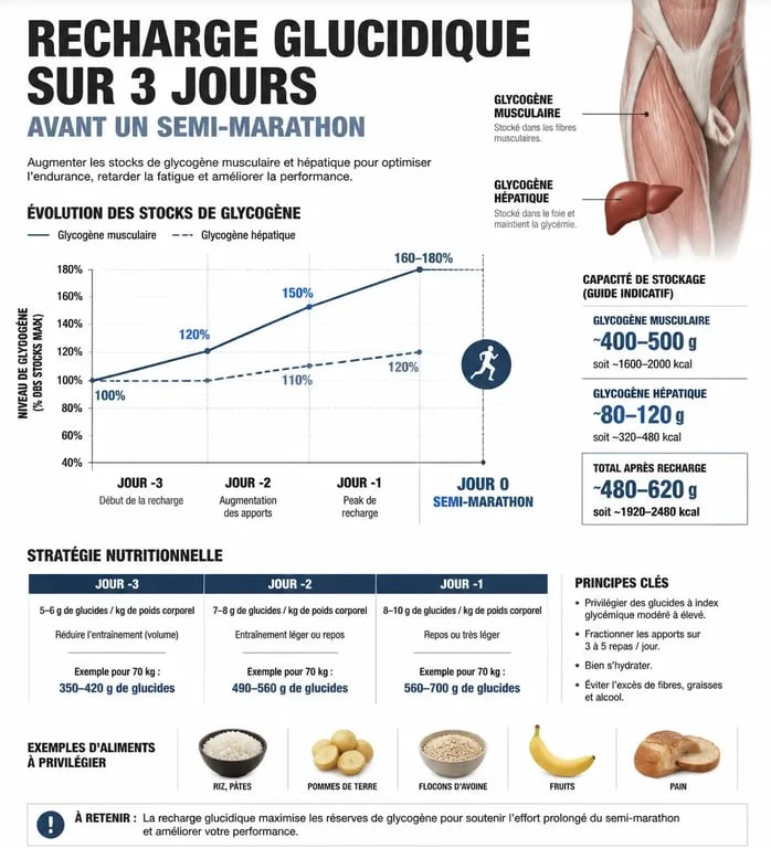 Infographie sur la stratégie de recharge glucidique pour un semi-marathon