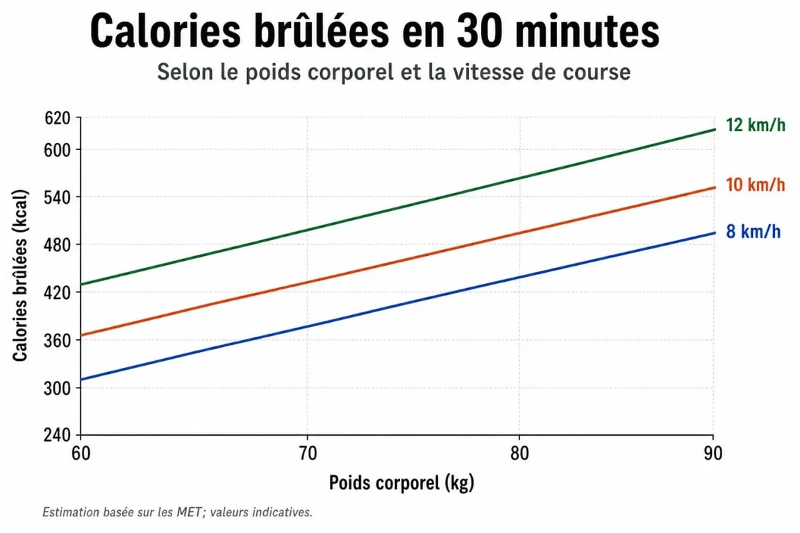 Graphique illustrant les calories brûlées lors d'un jogging de 30 minutes en fonction du poids et de la vitesse