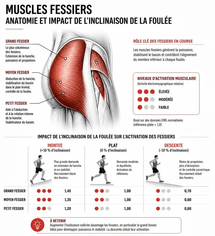 Schéma anatomique des muscles fessiers sollicités lors de la course à pied et influence de la foulée