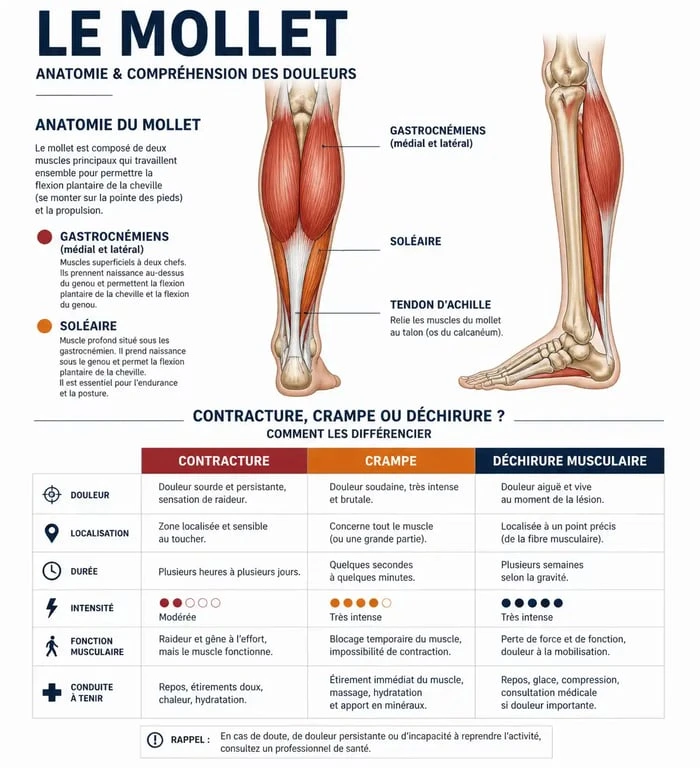 Infographie comparative des douleurs au mollet : contracture, crampe et déchirure pour savoir quoi faire