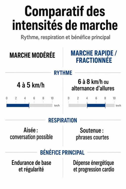 Infographie comparative des bienfaits de la marche 30 minutes par jour : marche modérée vs marche rapide