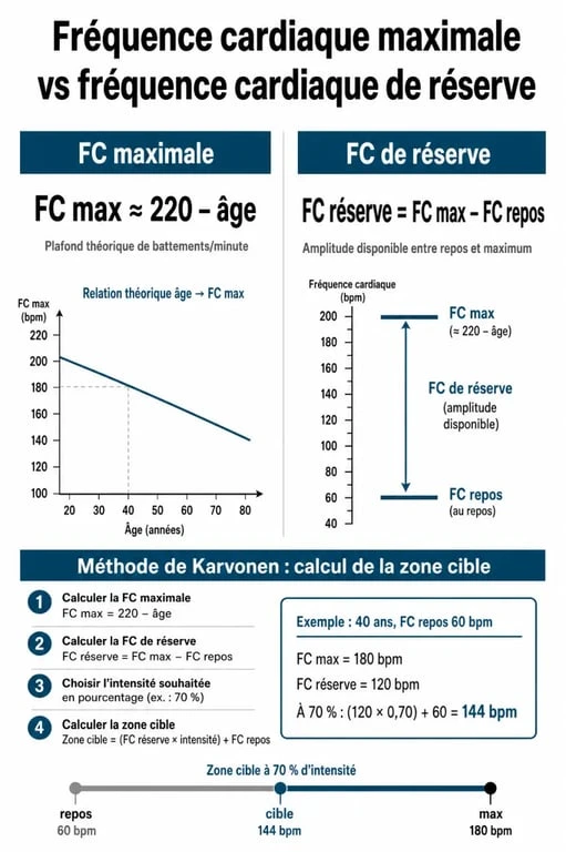 Infographie explicative de la fréquence cardiaque de réserve et de la méthode de Karvonen pour le calcul des zones d'entraînement