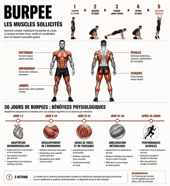 Infographie des bénéfices et muscles sollicités pour le challenge 50 burpees par jour avant après