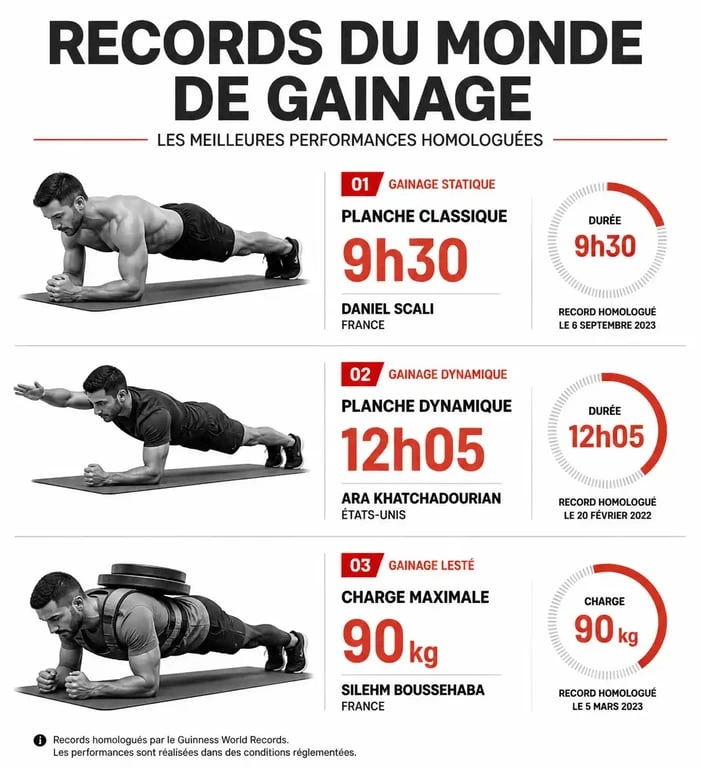 Infographie récapitulative des records du monde de gainage homme : planche classique, dynamique et lestée.