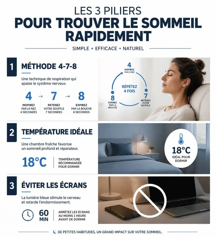 Infographie sur les conseils pour trouver le sommeil rapidement et améliorer son endormissement