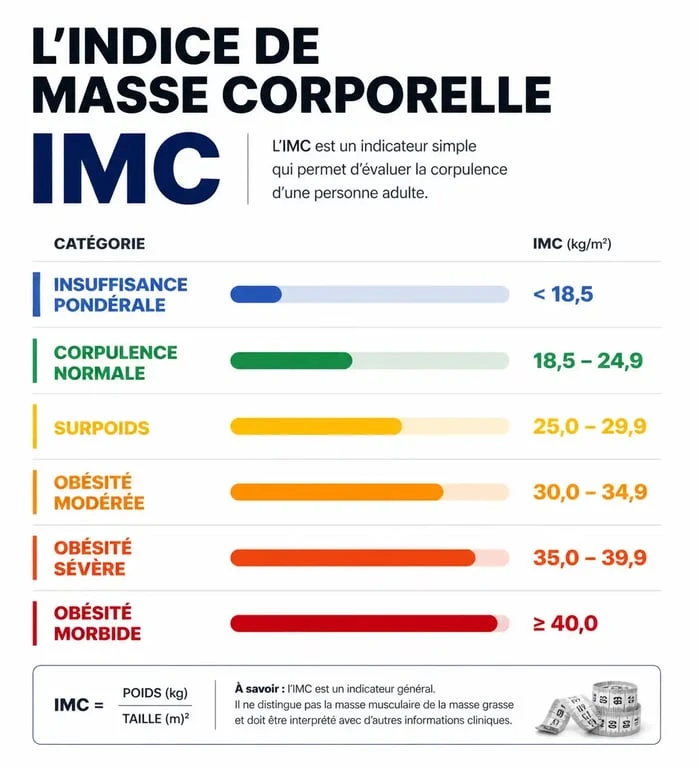 Infographie des catégories de l'Indice de Masse Corporelle (IMC) pour le calcul du poids idéal.