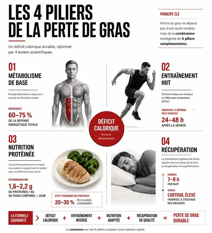 Infographie illustrant les piliers pour perdre des cuisses et du ventre : métabolisme, sport et nutrition.