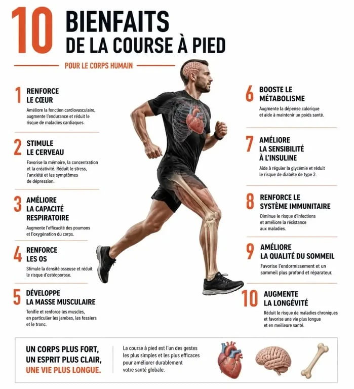 Infographie des 10 bienfaits de la course à pied sur la santé physique et mentale