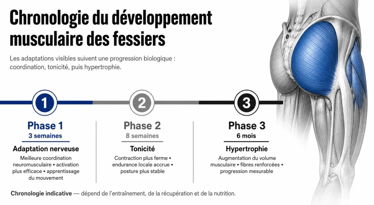 Infographie montrant les étapes et délais pour voir les résultats des muscles fessiers