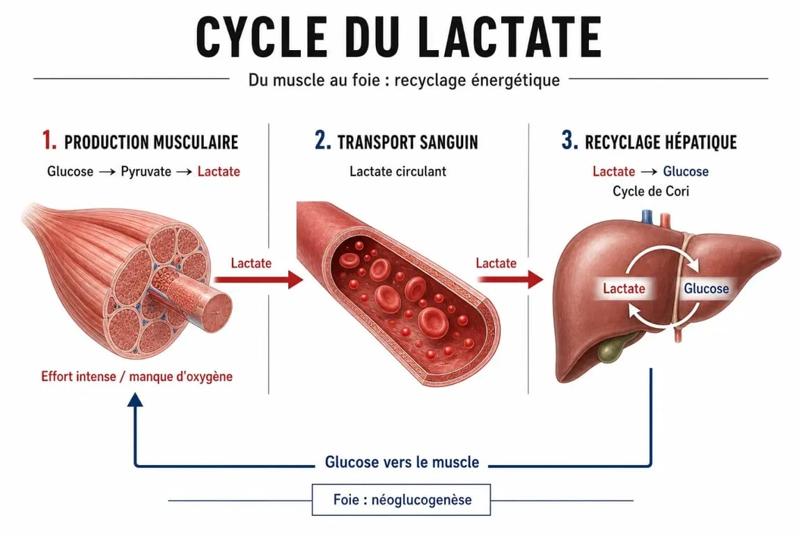 Schéma du cycle du lactate et de l'acide lactique dans le corps humain pendant le sport