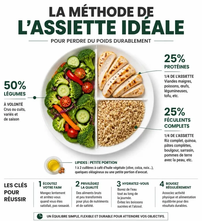 Infographie illustrant la méthode de l'assiette idéale pour un plan alimentaire pour perte de poids équilibré