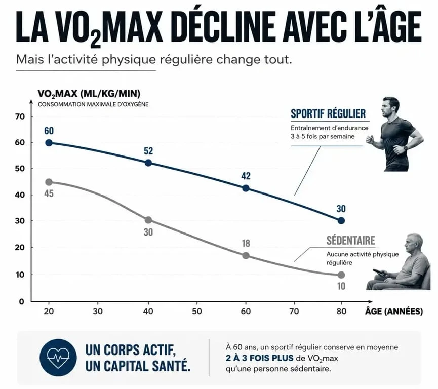 Graphique illustrant l'évolution de la VO2max avec l'âge chez les sportifs et les sédentaires