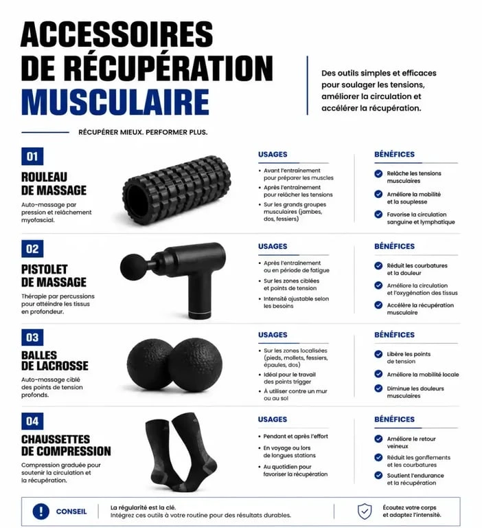 Infographie des accessoires pour sport de récupération musculaire : rouleau, pistolet, balles et chaussettes.