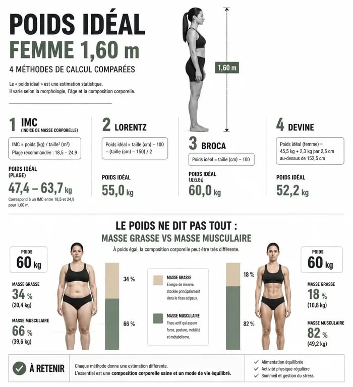 Infographie comparative des méthodes de calcul du poids idéal pour une femme 1m60