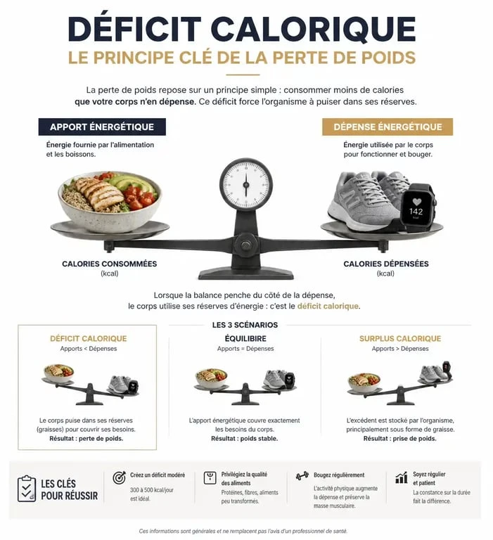 Infographie explicative du déficit calorique pour maigrir vite et bien