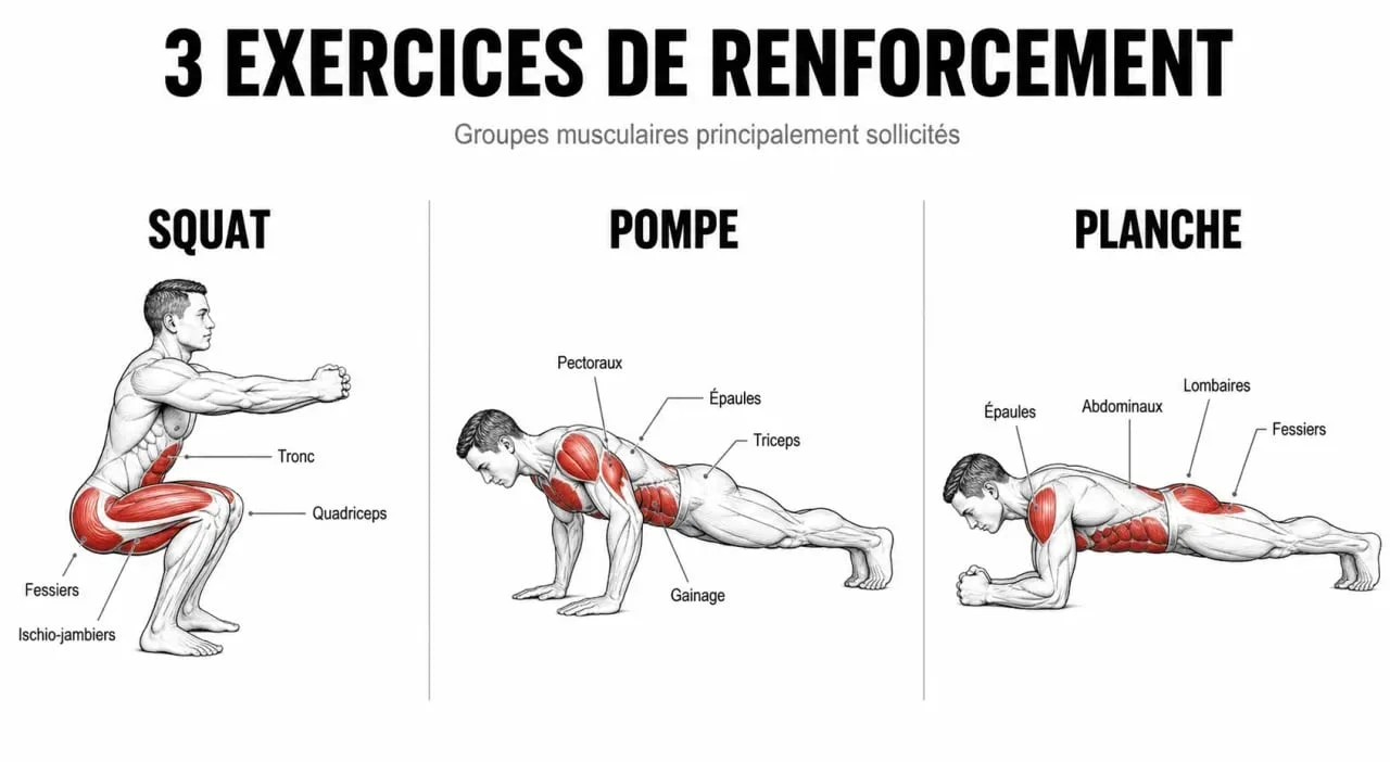 Infographie des exercices de base pour une séance de renforcement musculaire efficace