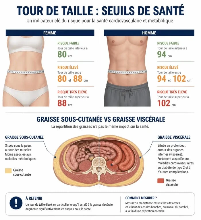 Infographie des seuils de santé pour perdre son tour de taille et comprendre la graisse viscérale