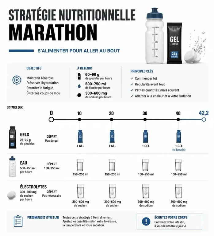 Infographie de la stratégie nutritionnelle pour un marathon : gestion des glucides et hydratation pendant la course