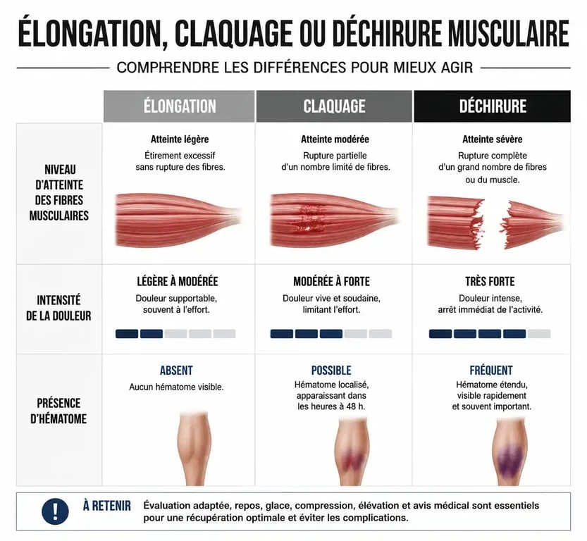 Tableau comparatif des lésions musculaires : élongation, claquage et déchirure pour comprendre le temps de guérison.