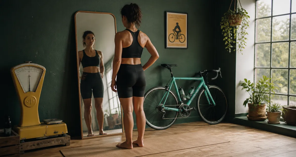 femme 1m60 poid ideal sur balance devant miroir