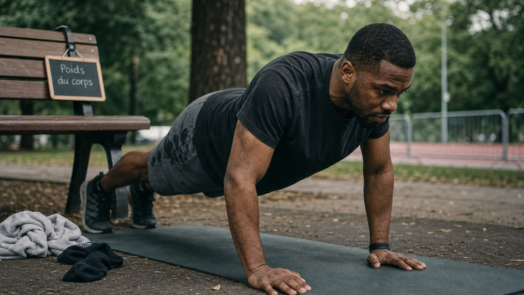 Musculation poids du corps programme : homme fait des pompes au parc
