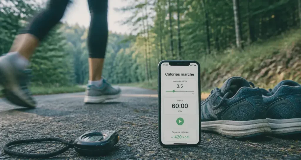 1h de marche calorie : 200 à 400 kcal, baskets et chronomètre